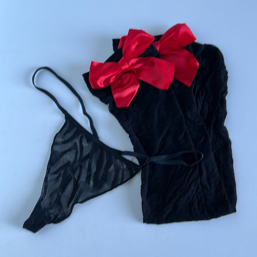 ❤️ Very Sexy V-String Thong Sheer Black Thigh High with Red Bow